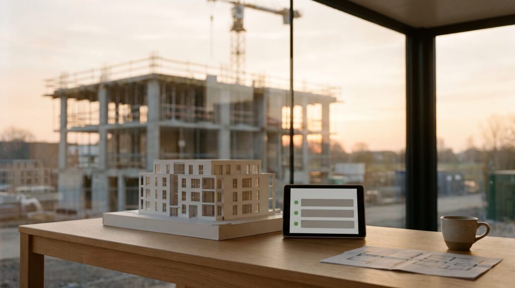 Immobilien Leads: Vertriebsbüro im Neubau mit Architekturmodell und Tablet mit drei Anfragen, dahinter der Rohbau im Abendlicht