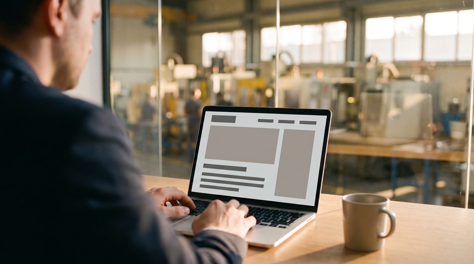 Suchanzeigen für Industrie und Maschinenbau: Kampagnen-Übersicht am Laptop vor der Werkhalle