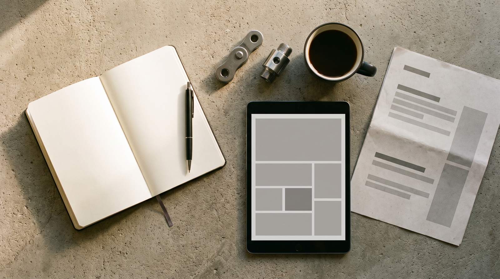 Internationale Industrie-Kampagnen: Tablet, Notizbuch und Kettenglied auf dem Schreibtisch