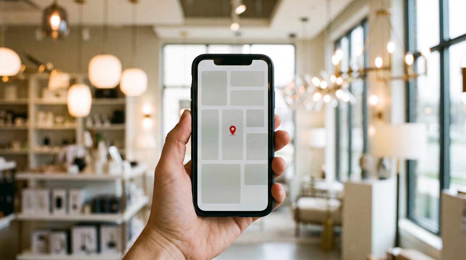 Händlersuche für Hersteller mit Fachhandel: Smartphone mit Karte im Leuchten-Showroom
