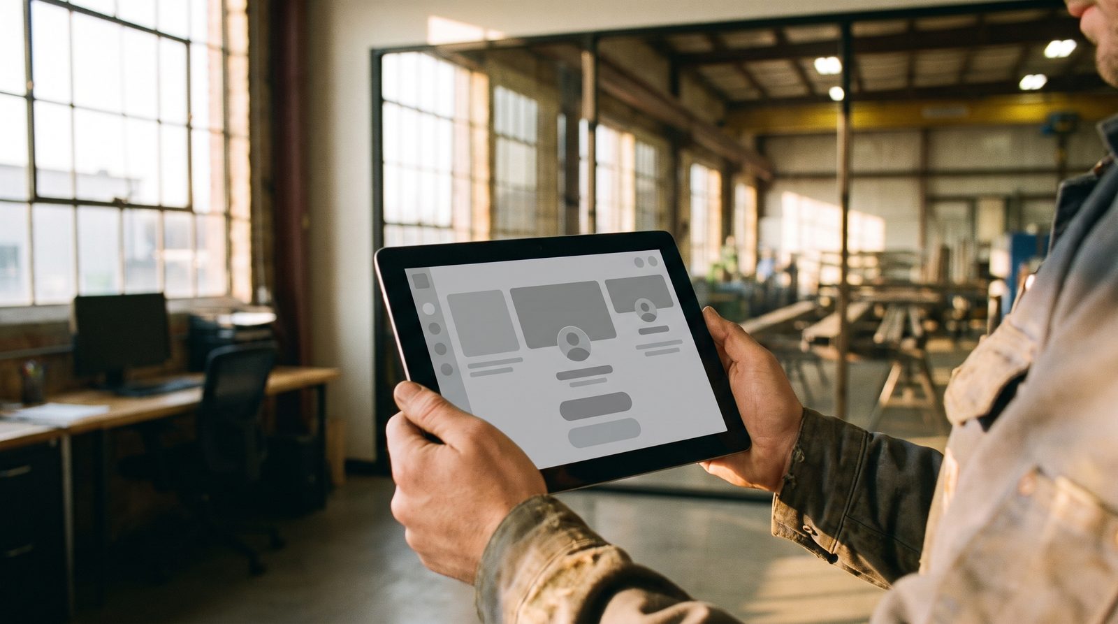 LinkedIn- und Social-Anzeigen für Industrie: Tablet mit Feed im Büro vor der Produktionshalle