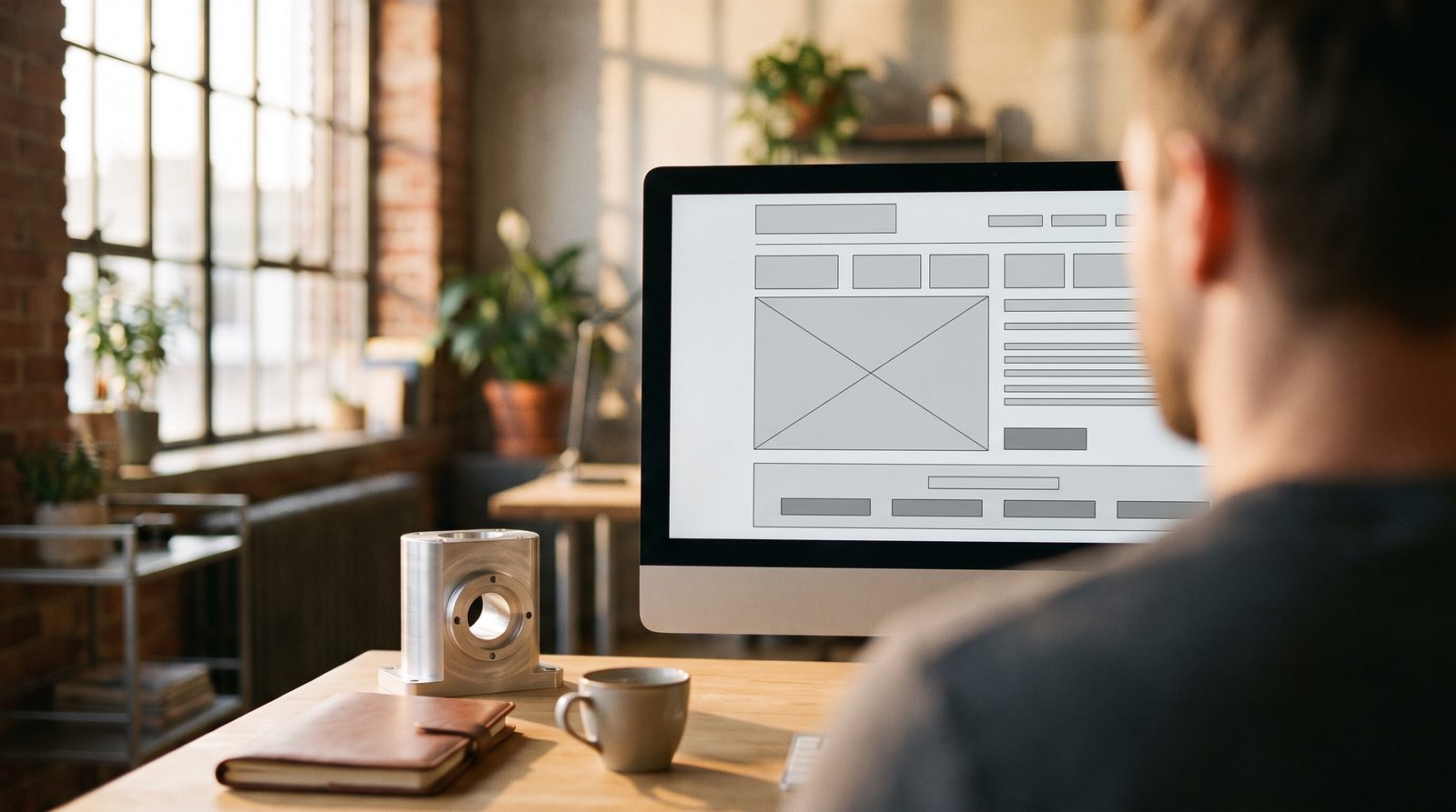 Websites für erklärungsbedürftige Industrieprodukte: Wireframe einer Produktseite am Monitor