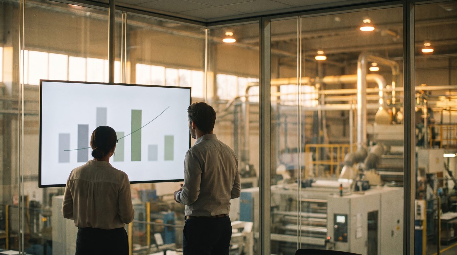 Tracking und Reporting für Industrieunternehmen: Team vor dem Reporting-Bildschirm mit Blick in die Produktion