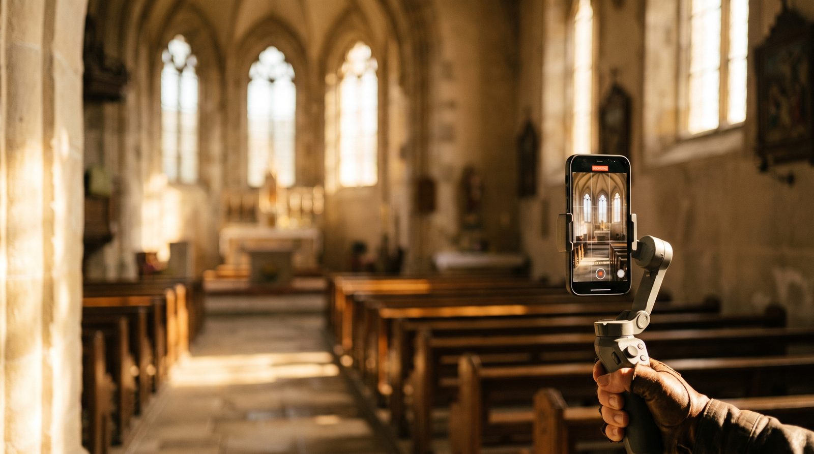 Content und Social-Media-Betreuung für Kirchen und Stiftungen: Smartphone auf Gimbal filmt einen leeren Kirchenraum