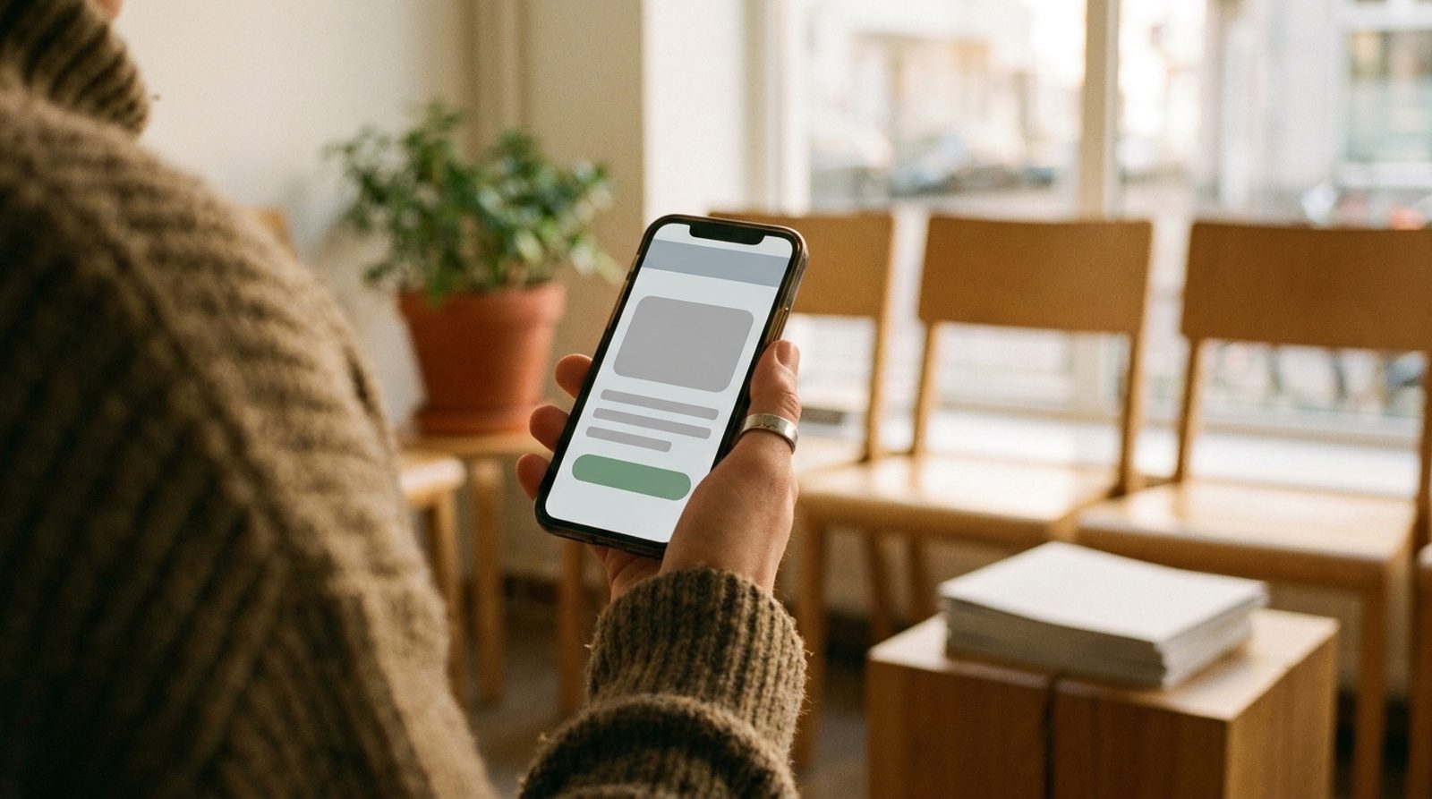 Google Ads für Angebote, Kurse und Beratung: Smartphone in der Hand im Wartebereich einer Beratungsstelle