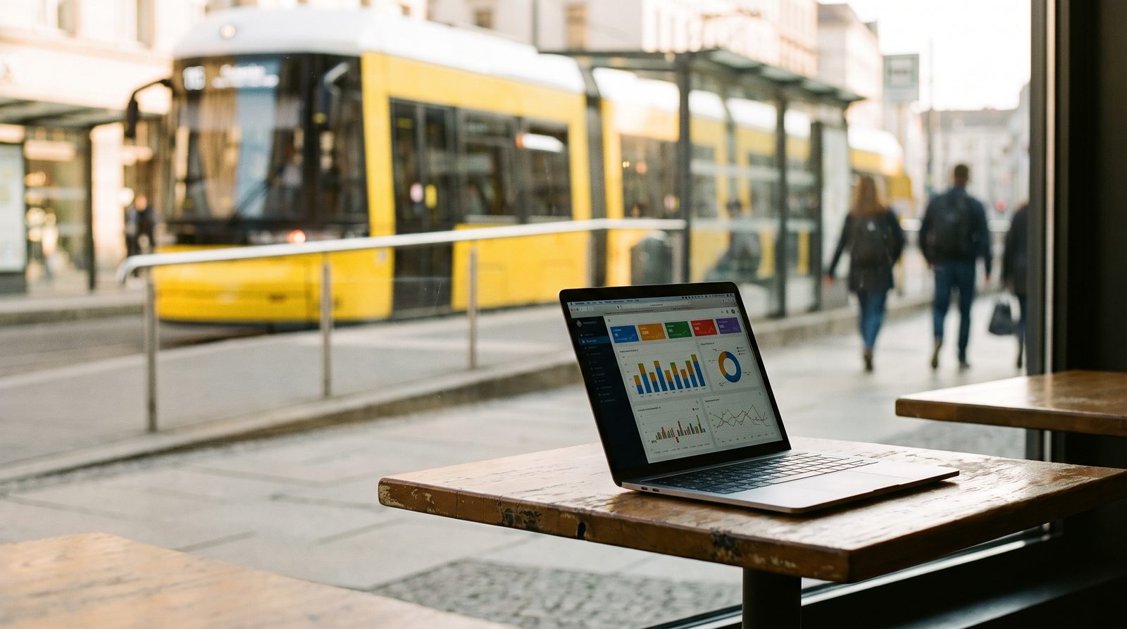 Social Ads für NGOs und Verbände: Kampagnen-Dashboard auf einem Laptop vor einer Straßenbahn-Haltestelle
