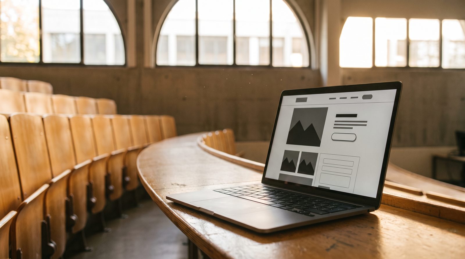Websites und Landingpages für Kampagnen öffentlicher Einrichtungen: Layout-Entwurf auf einem Laptop im Hörsaal