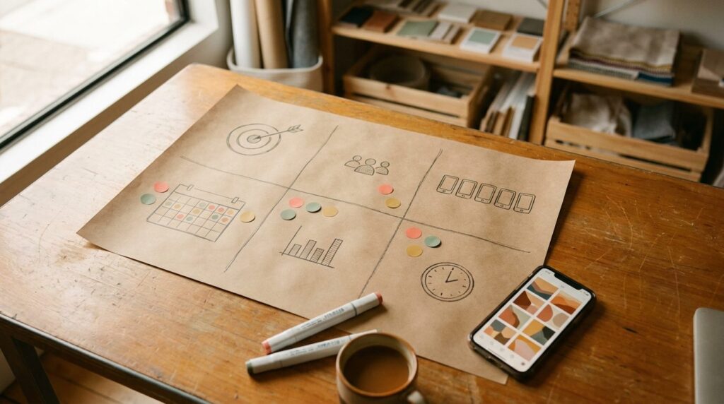 Social Media Strategie als Canvas auf Kraftpapier: Felder für Ziel, Zielgruppe, Kanäle, Redaktionsplan, Messung und Zeit, daneben ein Smartphone mit Feed