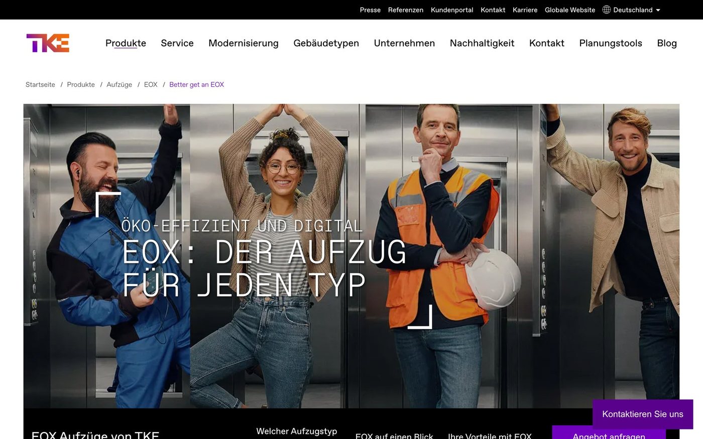 Seite zum Aufzug EOX auf tkelevator.com: EOX, der Aufzug für jeden Typ