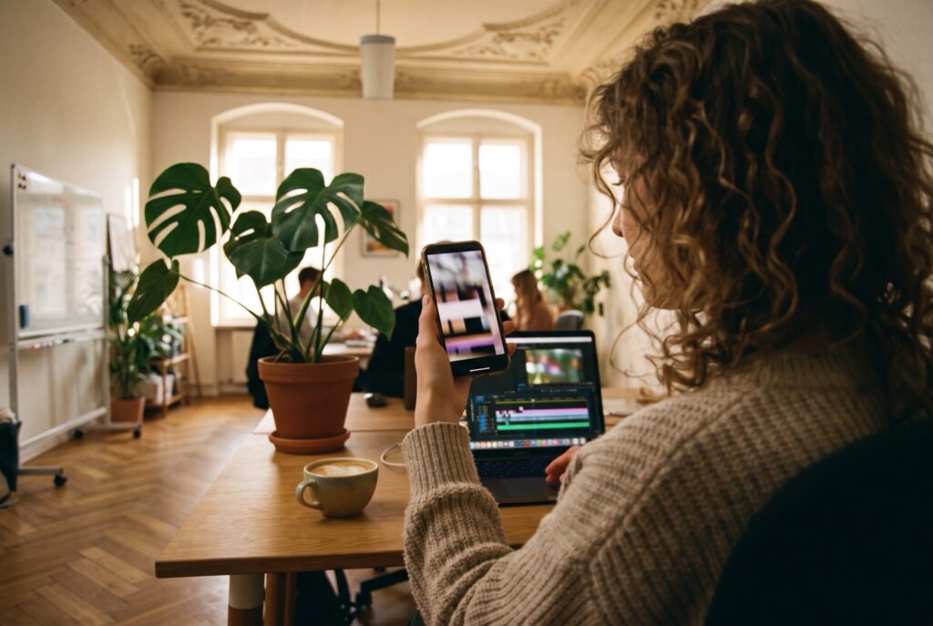 Schnitt von Anzeigen-Videos: Reel auf dem Smartphone, Timeline auf dem Laptop