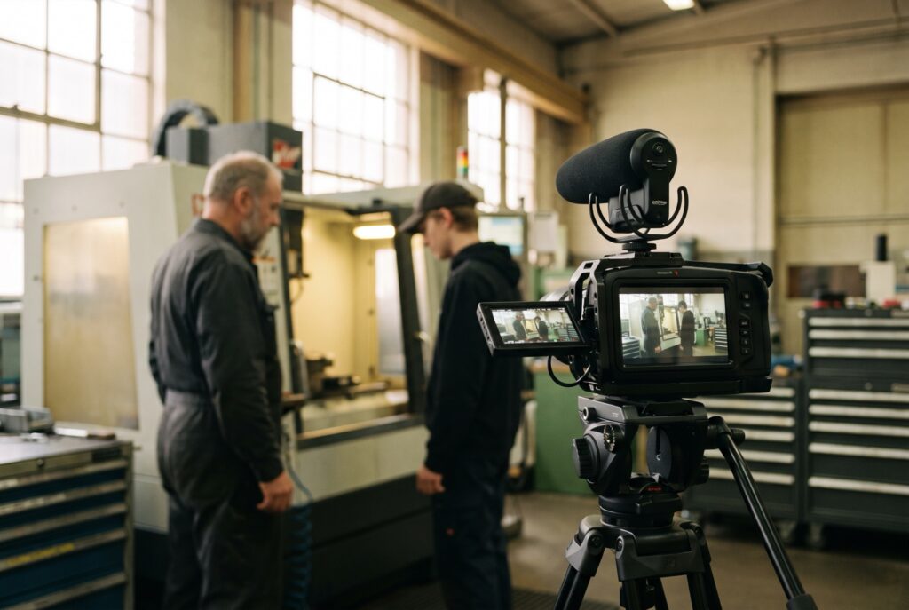 Recruiting-Video in einem Maschinenbau-Betrieb: Kamera auf dem Stativ filmt Azubi und Kollegen