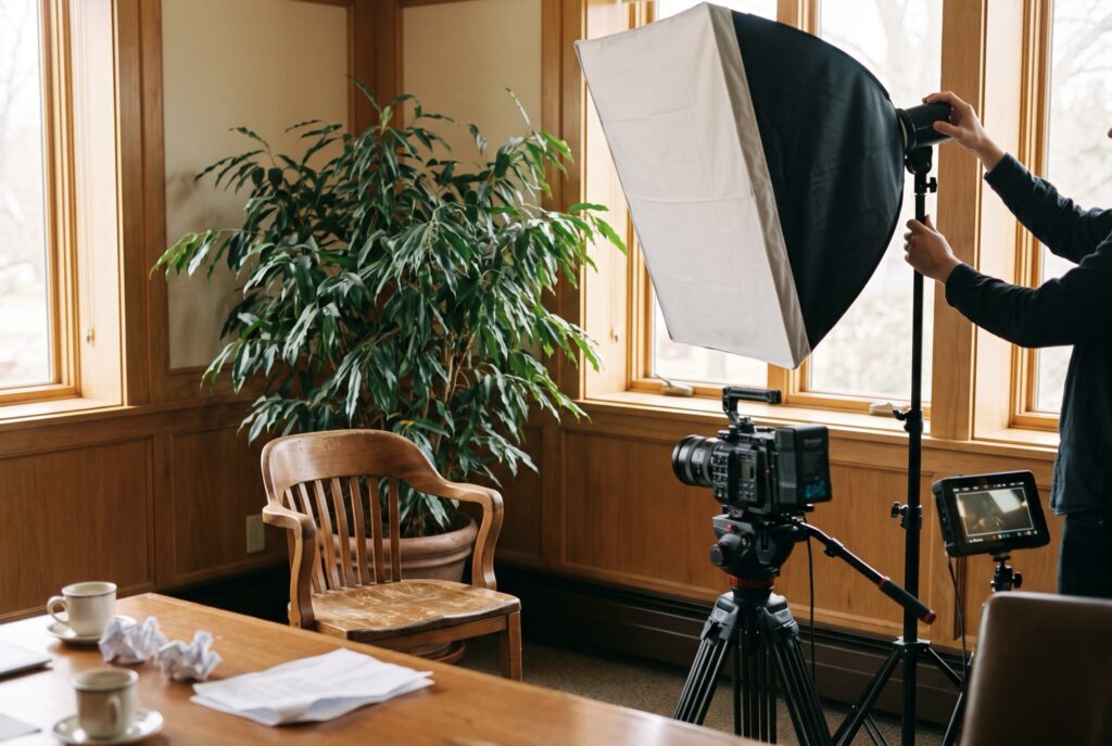 Interview-Setup für ein Unternehmensvideo: Kamera, Softbox und Stuhl im Besprechungsraum
