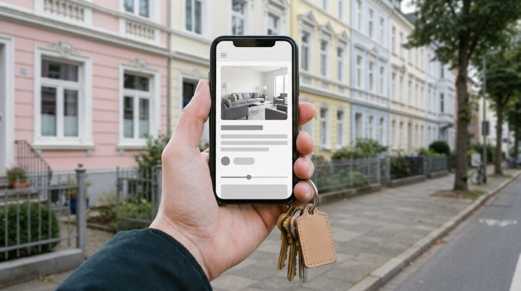 Website für Immobilienmakler: Hand mit Smartphone und Objektseite, Schlüsselbund, im Hintergrund eine Gründerzeit-Wohnstraße