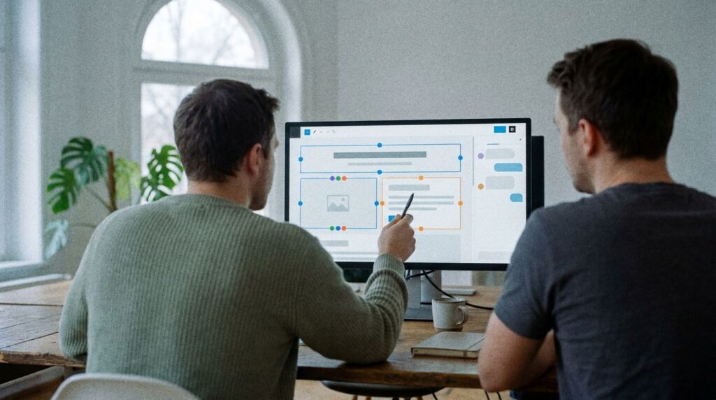WordPress 7 Update: Zwei Kollegen bearbeiten im Block-Editor gemeinsam die Firmenwebsite, mit Notizen und KI-Panel